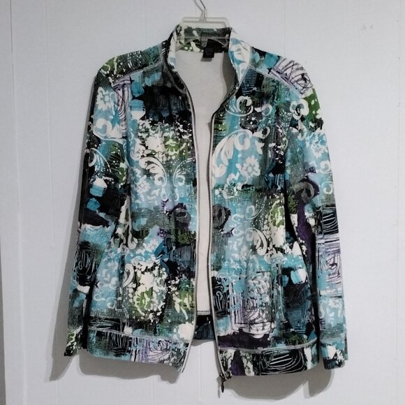 Additions by Chico's Funky Floral Abstract multi-color Zip Light Jacket Size 2 - Picture 5 of 16